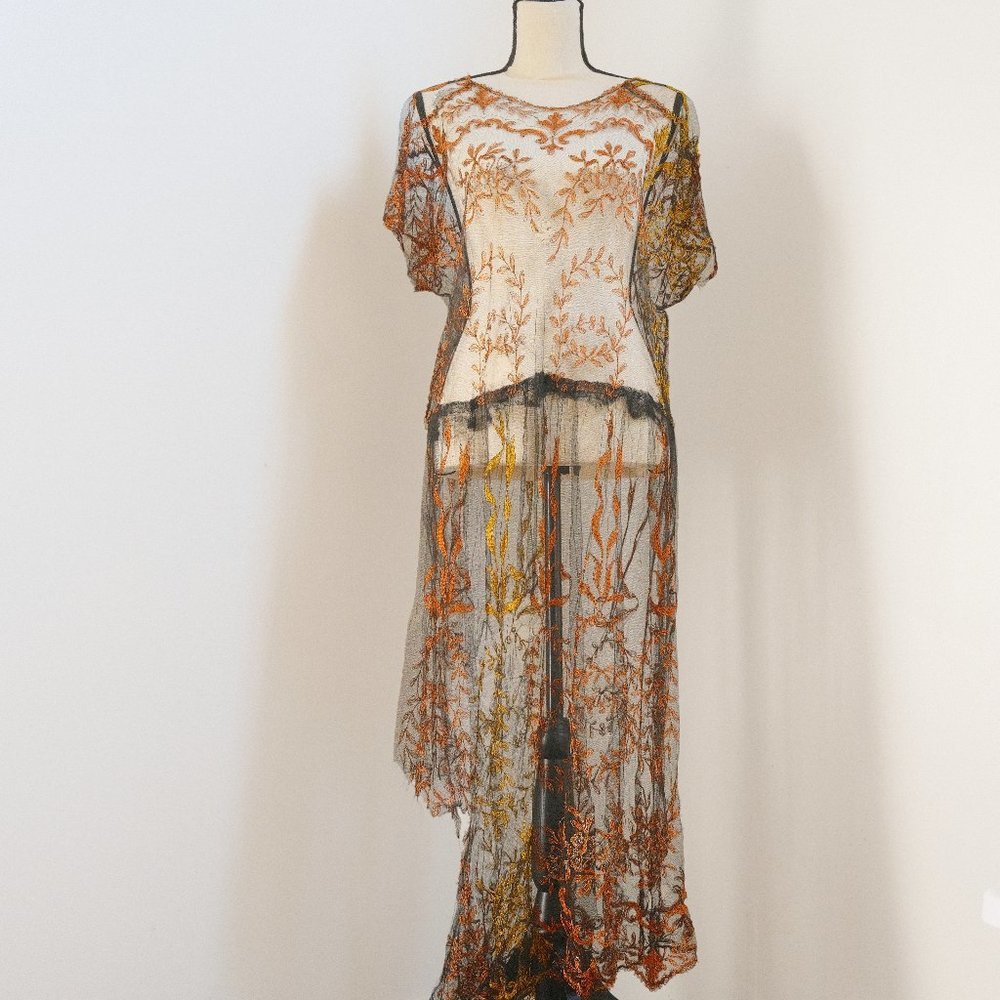 1920s/20s sheer drop-waist lace dress with orange & yellow filigree embroidery